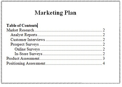 Microsoft Word 2007 Table of Contents Sample